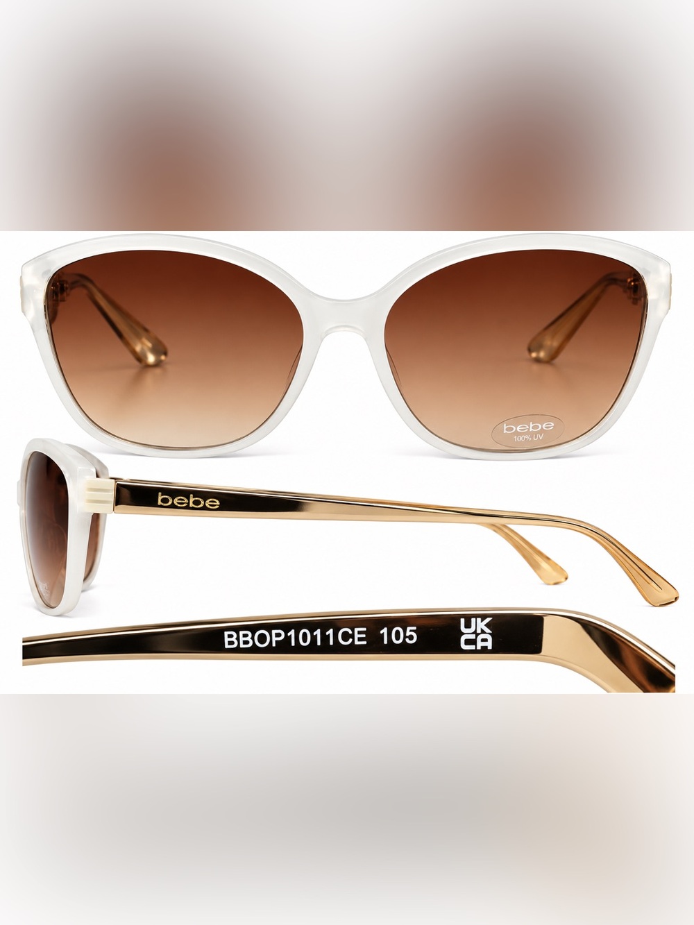 bebe White Frame Sunglasses with Gold Temples and Brown Gradient Lenses (No Case